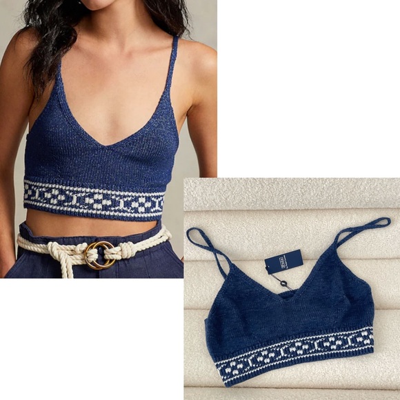 POLO by Ralph Lauren Geo-Motif Knitted Crop Top Woven Crochet Navy Bralette LG - Picture 4 of 9